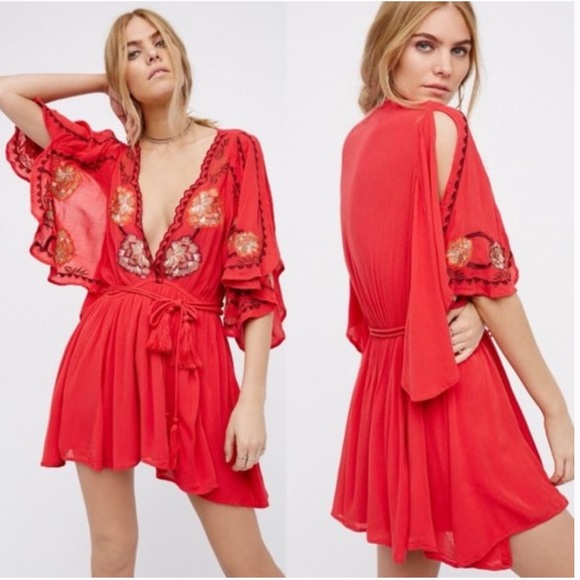 NWT Free People Cora Embroidered Mini Dress/Tunic in Red Small - Picture 2 of 6